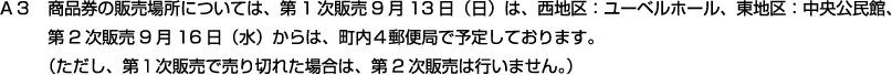 Ａ３　商品券の販売場所については、第1次販売9月13日（日）は、西地区：ユーベルホール、東地区：中央公民館、第2次販売9月16日（水）からは、町内４郵便局で予定しております。（ただし、第１次販売で売り切れた場合は、第2次販売は行いません。）