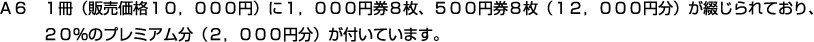 Ａ６　１冊（販売価格１０，０００円）に１，０００円券８枚、５００円券８枚（１２，０００円分）が綴じられており、２０％のプレミアム分（２，０００円分）が付いています。