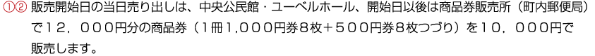 ①② 販売開始日の当日売り出しは、中央公民館・ユーべルホール、開始日以後は商品券販売所（町内郵便局）で１２，０００円分の商品券（１冊１,０００円券８枚＋５００円券８枚つづり）を１０，０００円で販売します。